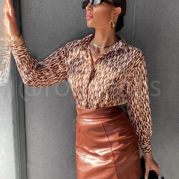 Rusty Brown with White Spots Printed Button Through Shirt Long Sleeve - Picture 6 of 8